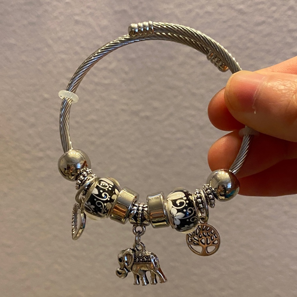 Silver Charm Bracelet with Elephant and Tree